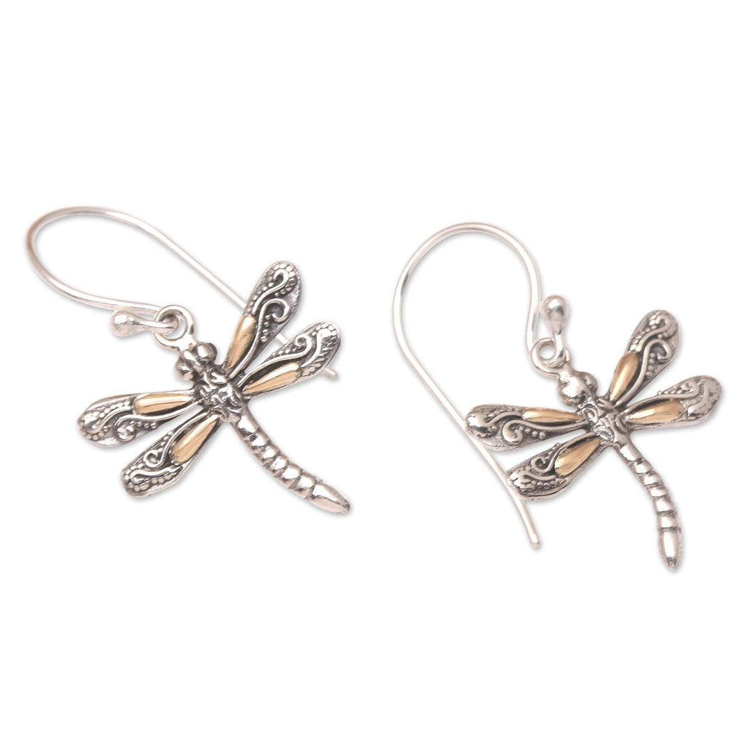 Gold Accented Sterling Silver Dragonfly Earrings - Shimmering Wings