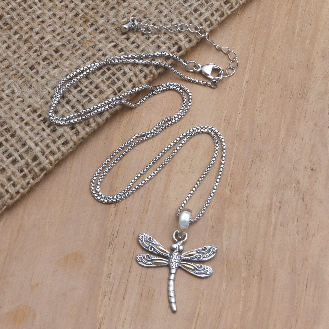 Gold-Accented Pendant Necklace with Dragonfly Motif - Winged Luxury