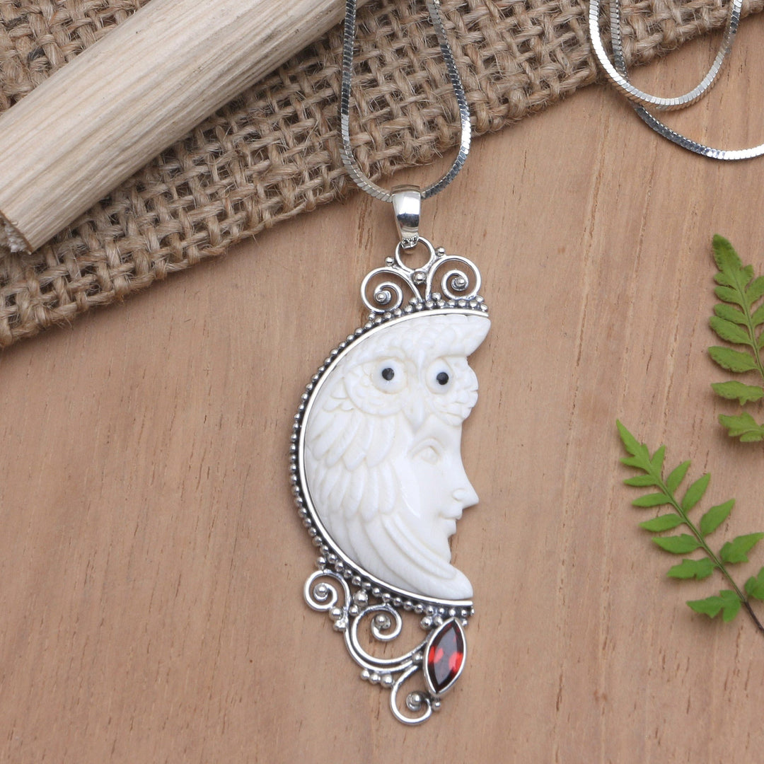 Sterling Silver Necklace with Garnet - Snowy Owl