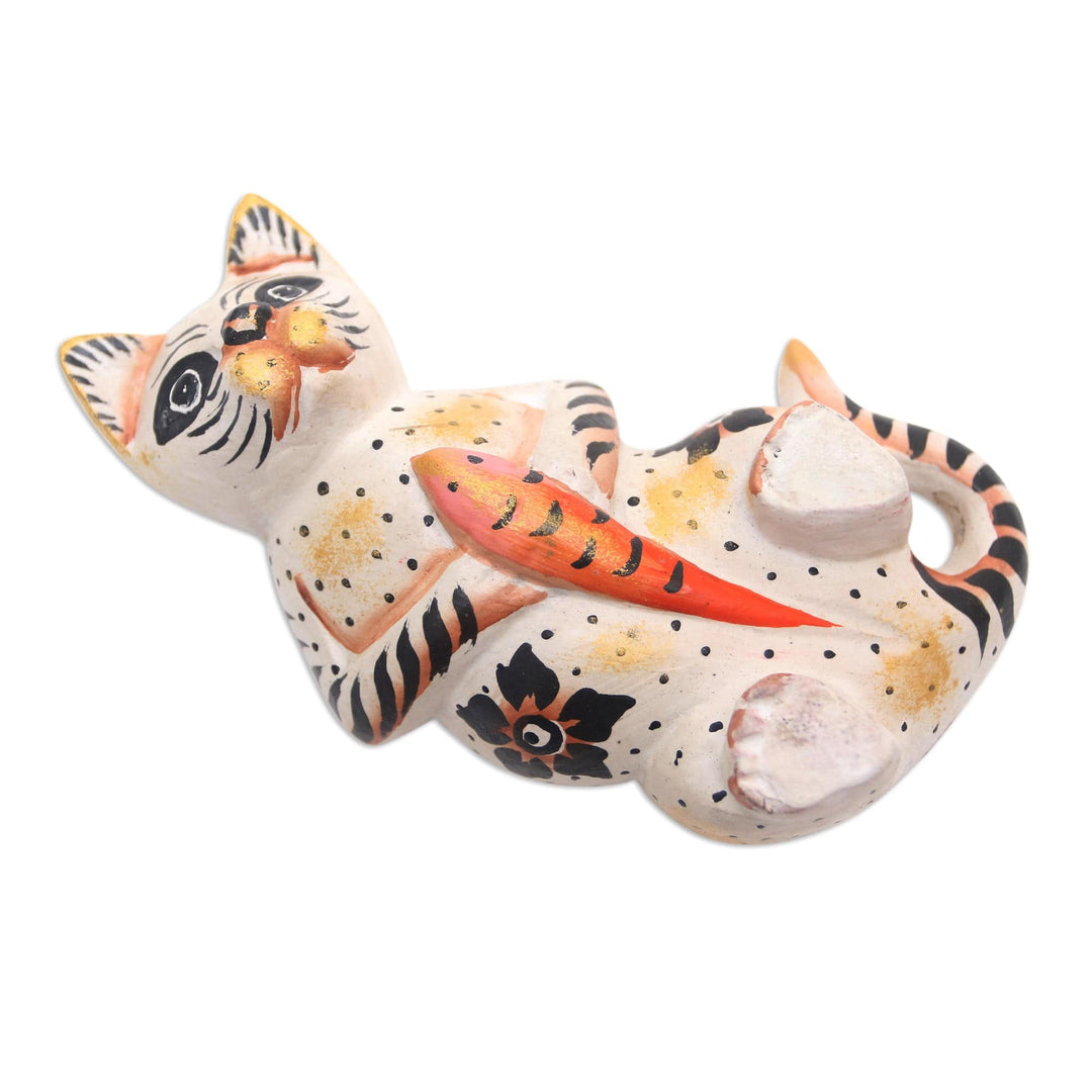 Suar Wood Cat Statuette - Cat and Koi