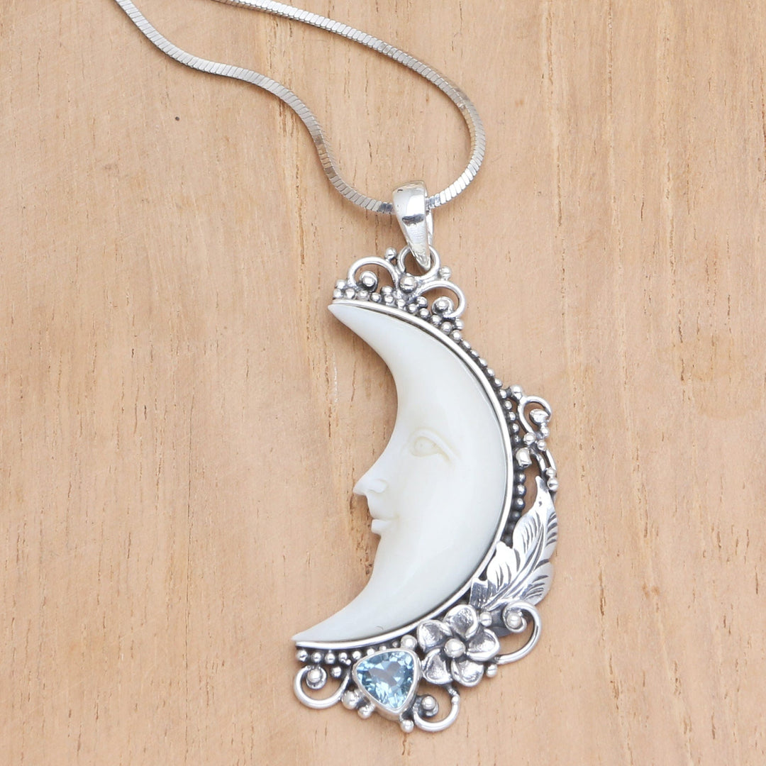 Blue Topaz Pendant Necklace with Crescent Moon Motif - Flowering Moon
