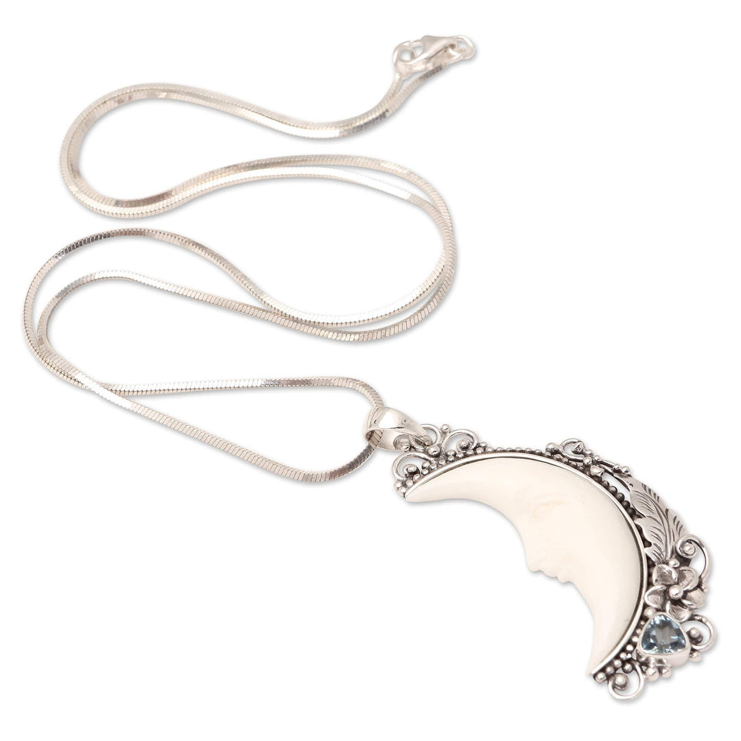 Blue Topaz Pendant Necklace with Crescent Moon Motif - Flowering Moon
