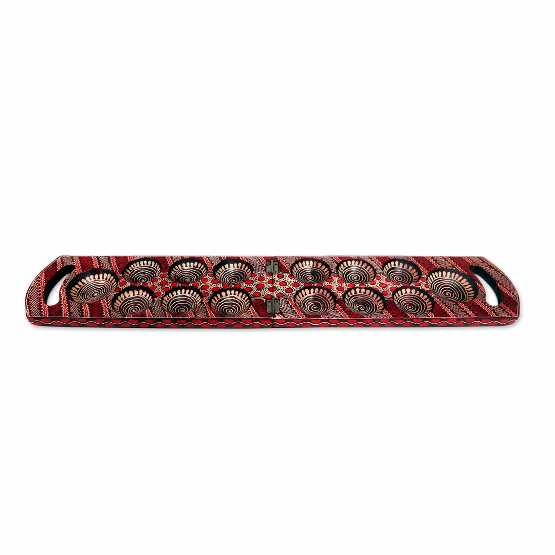 Red Batik Wood Mancala Board Game Handcrafted in Java - Red Clever Leisure