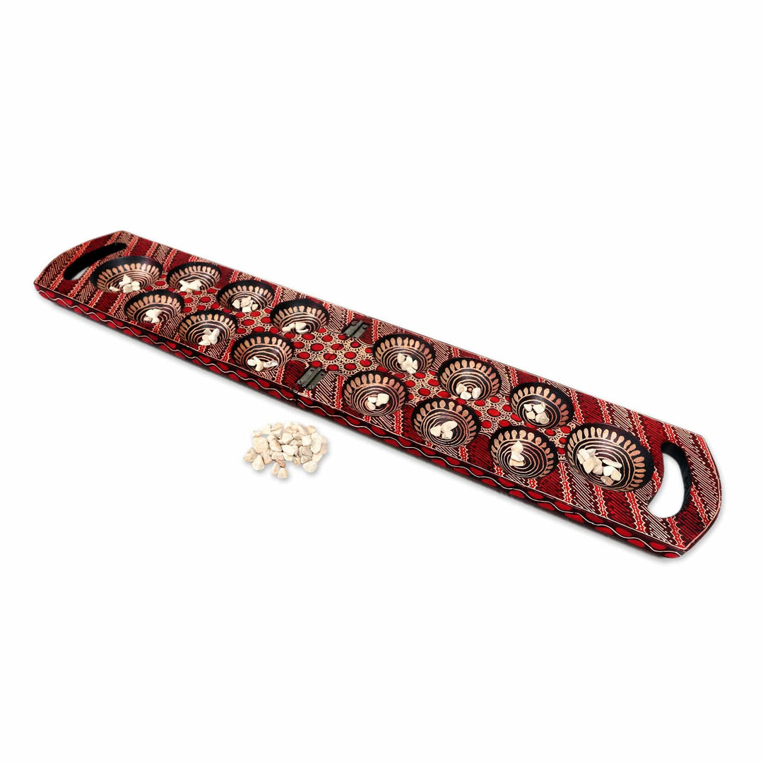 Red Batik Wood Mancala Board Game Handcrafted in Java - Red Clever Leisure