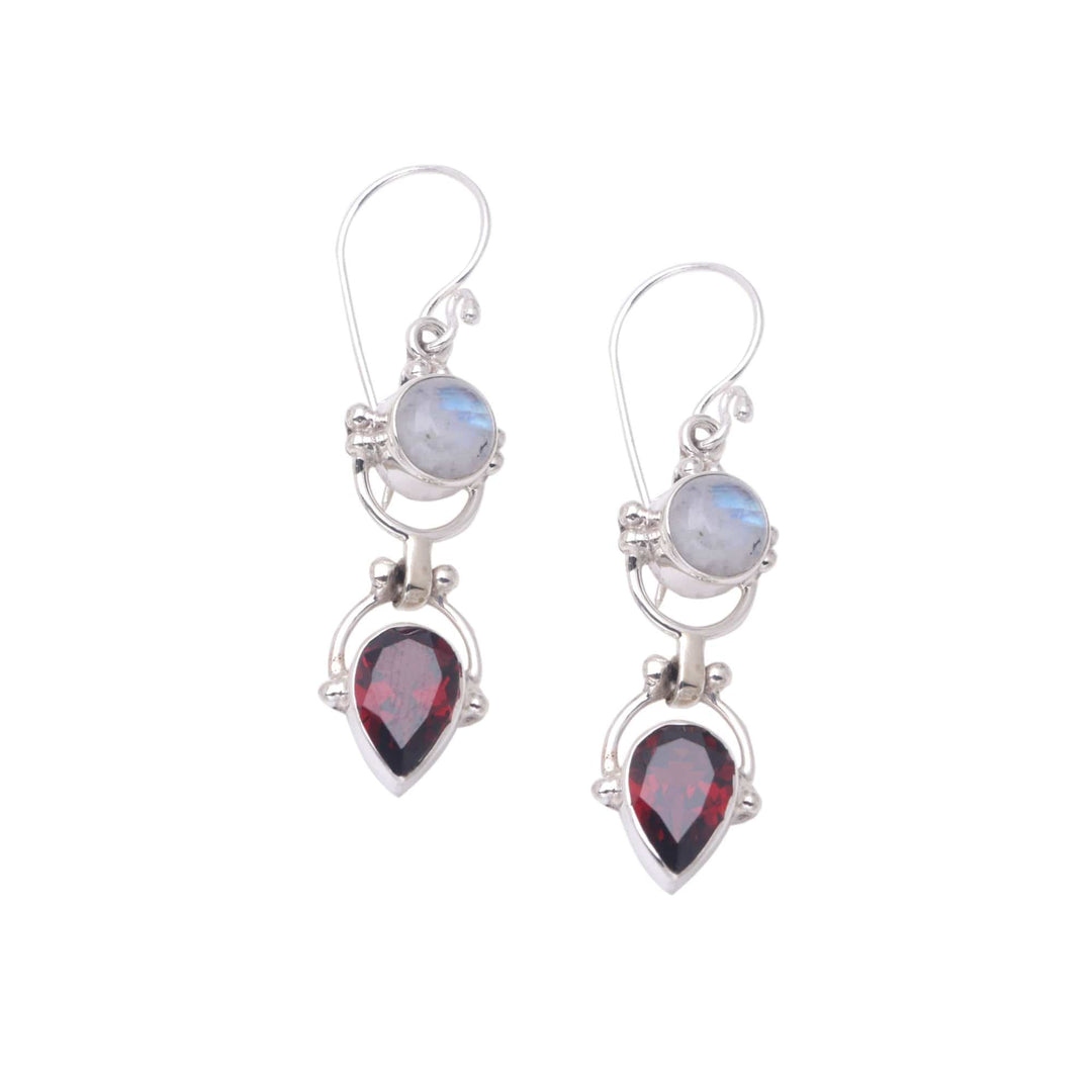 Garnet & Rainbow Moonstone Sterling Silver Dangle Earrings - Dear Younger Sister