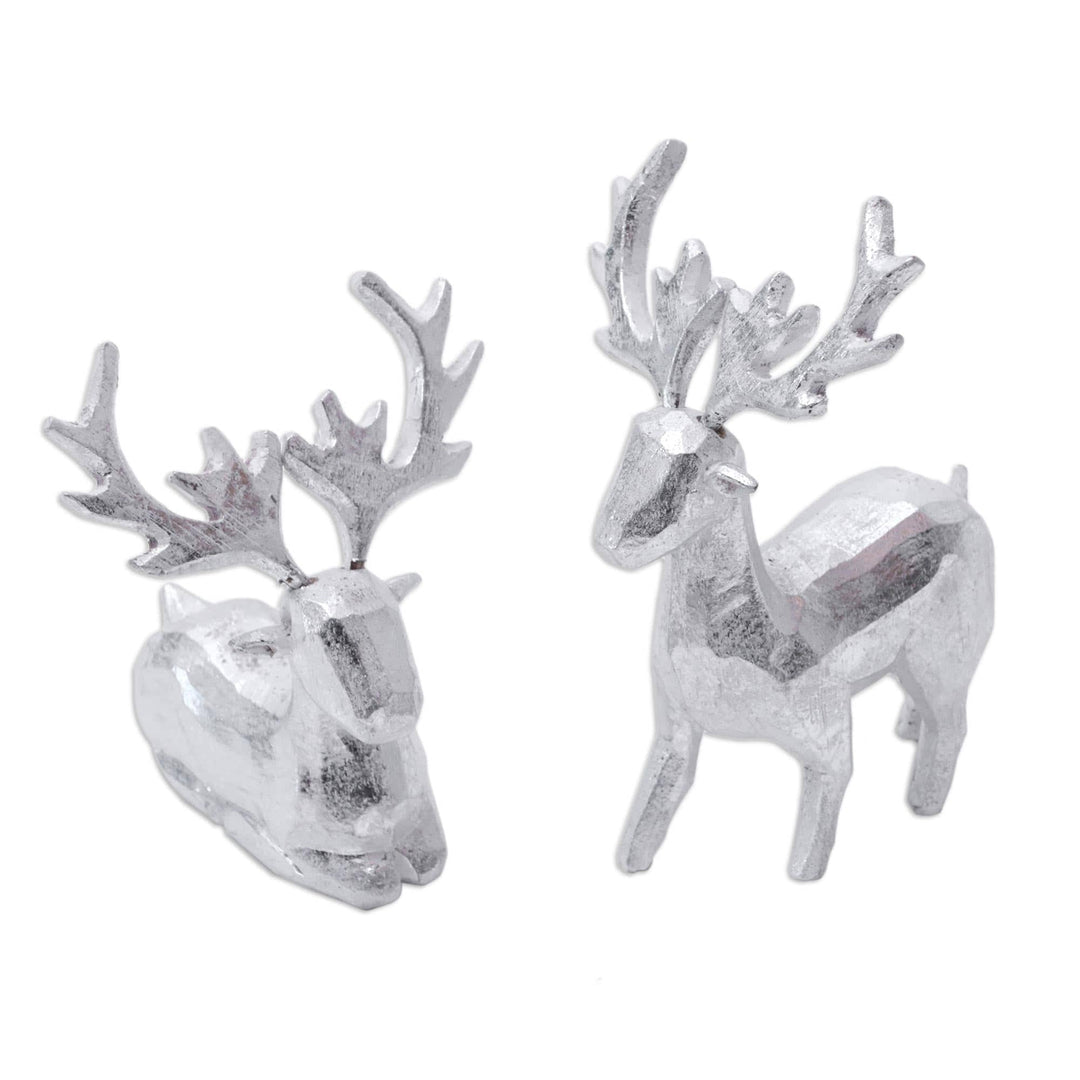 Pair of Holiday Reindeer Wood Figurines Handcrafted in Bali - Silver Reindeer