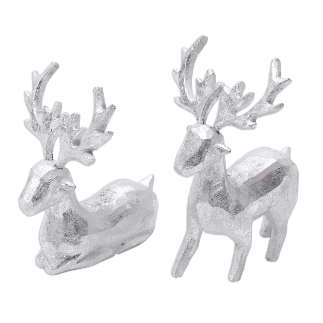 Pair of Holiday Reindeer Wood Figurines Handcrafted in Bali - Silver Reindeer