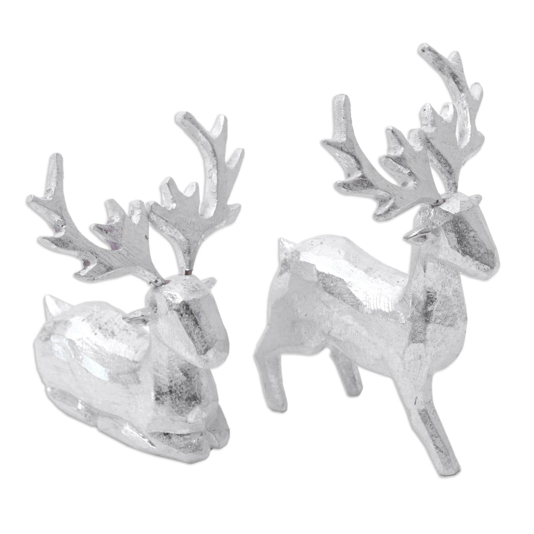 Pair of Holiday Reindeer Wood Figurines Handcrafted in Bali - Silver Reindeer