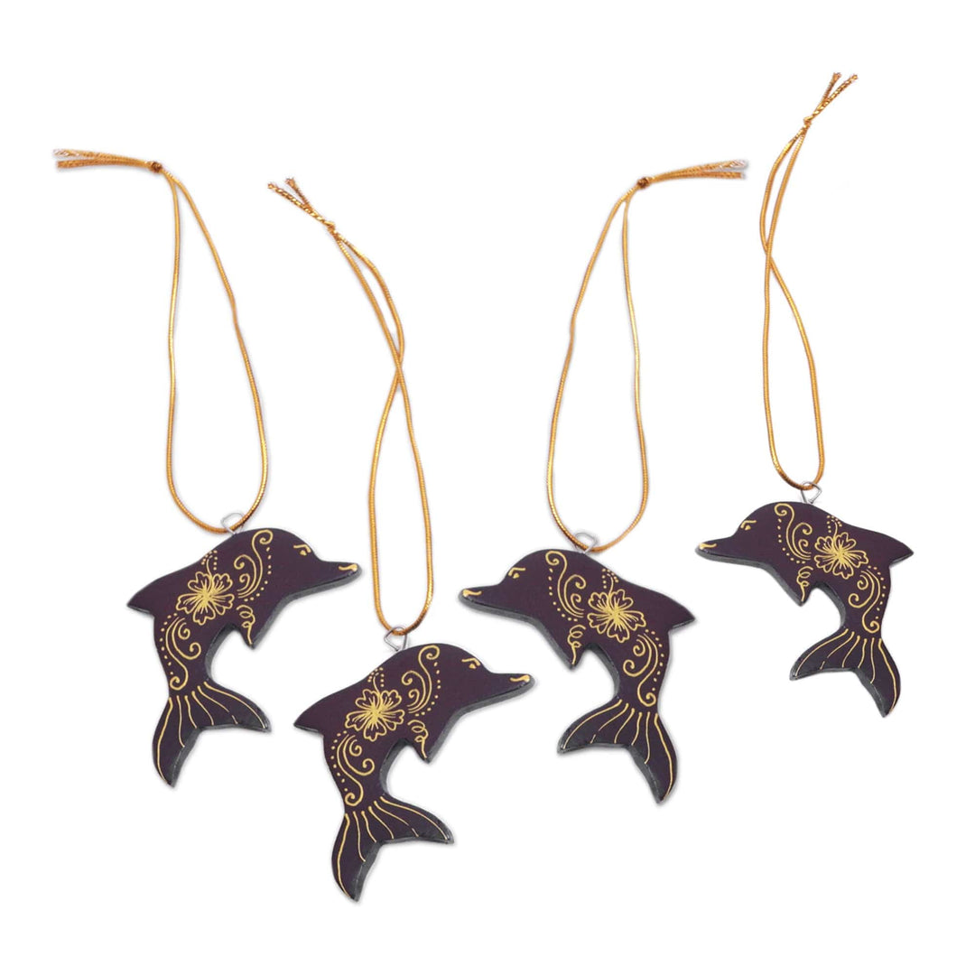 Mahogany Wood Dolphin Ornaments - Set of 4 - Morning Dolphins