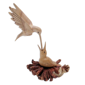 Carved Jempinis Wood Bird Sculpture with Natural Base - Mother Bird