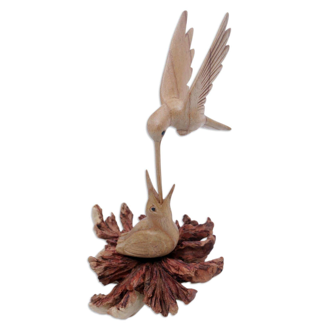 Carved Jempinis Wood Bird Sculpture with Natural Base - Mother Bird