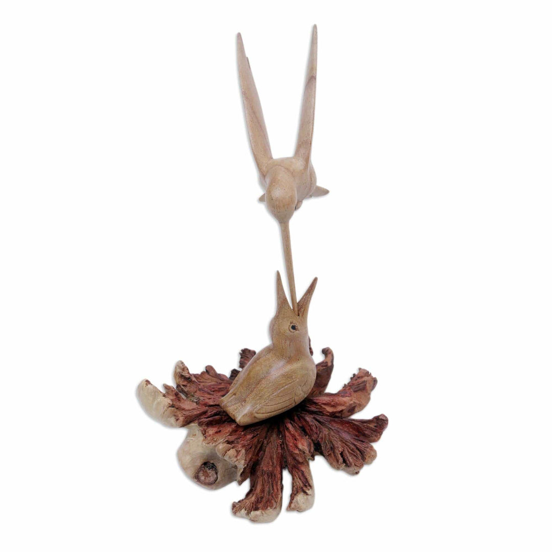 Carved Jempinis Wood Bird Sculpture with Natural Base - Mother Bird