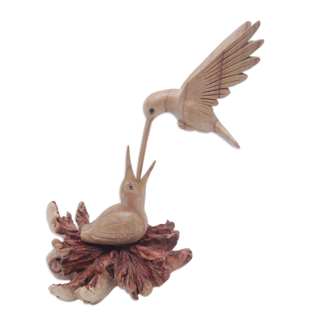 Carved Jempinis Wood Bird Sculpture with Natural Base - Mother Bird