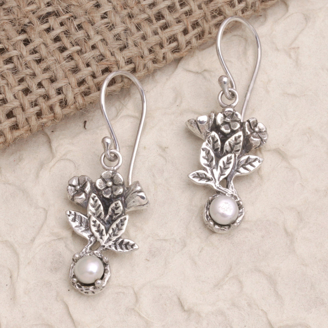Cultured Pearl Sterling Silver Leaf Dangle Earrings - Leaf Clarity
