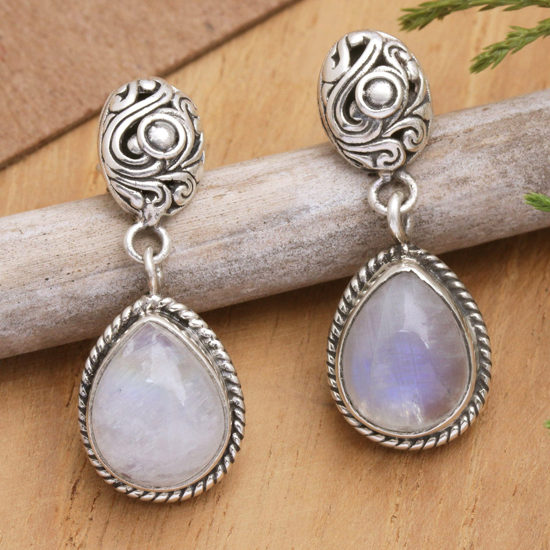 Rainbow Moonstone Dangle Earrings with Traditional Motifs - Harmonious Dame