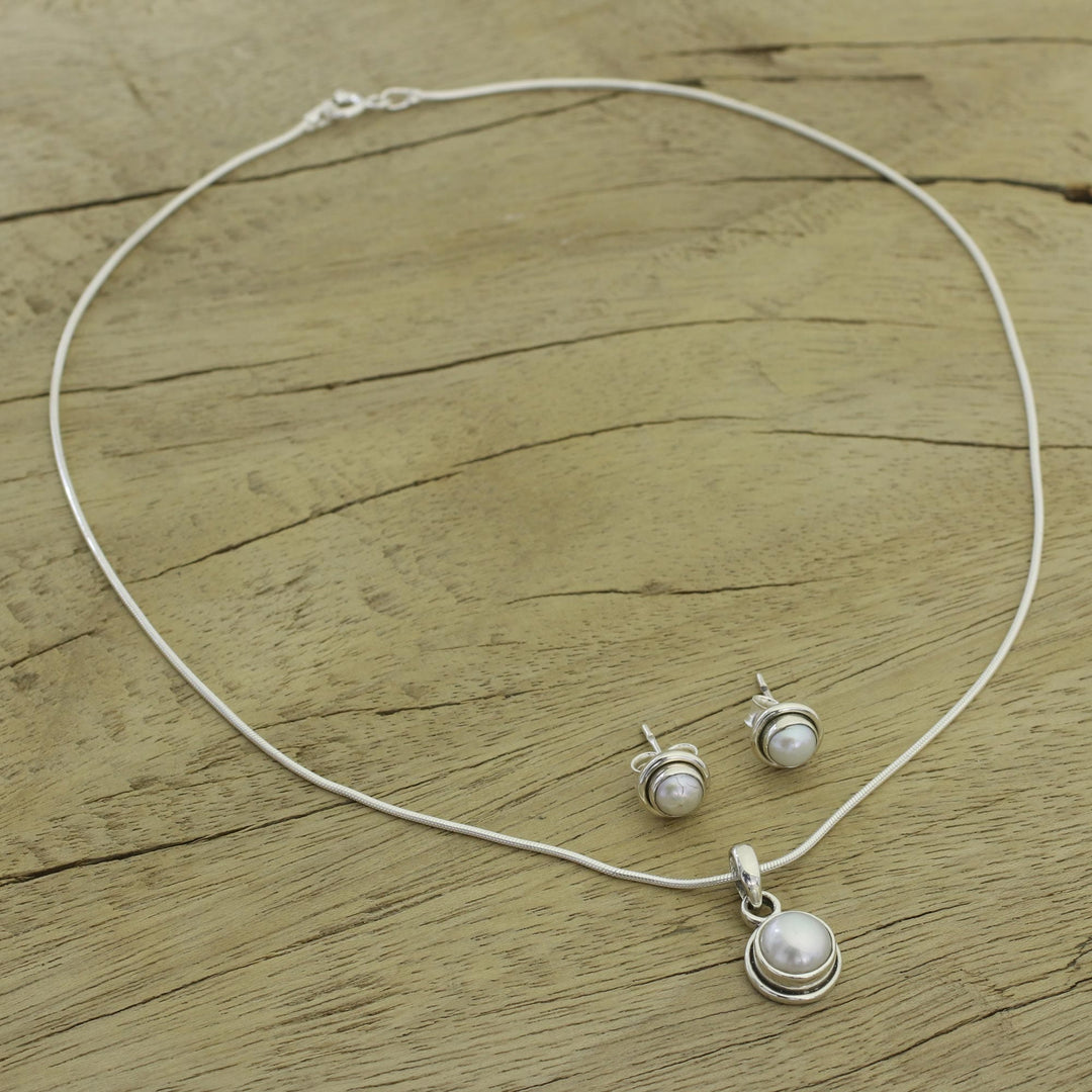 Bridal Pearl Jewelry Set in Sterling Silver  - White Cloud