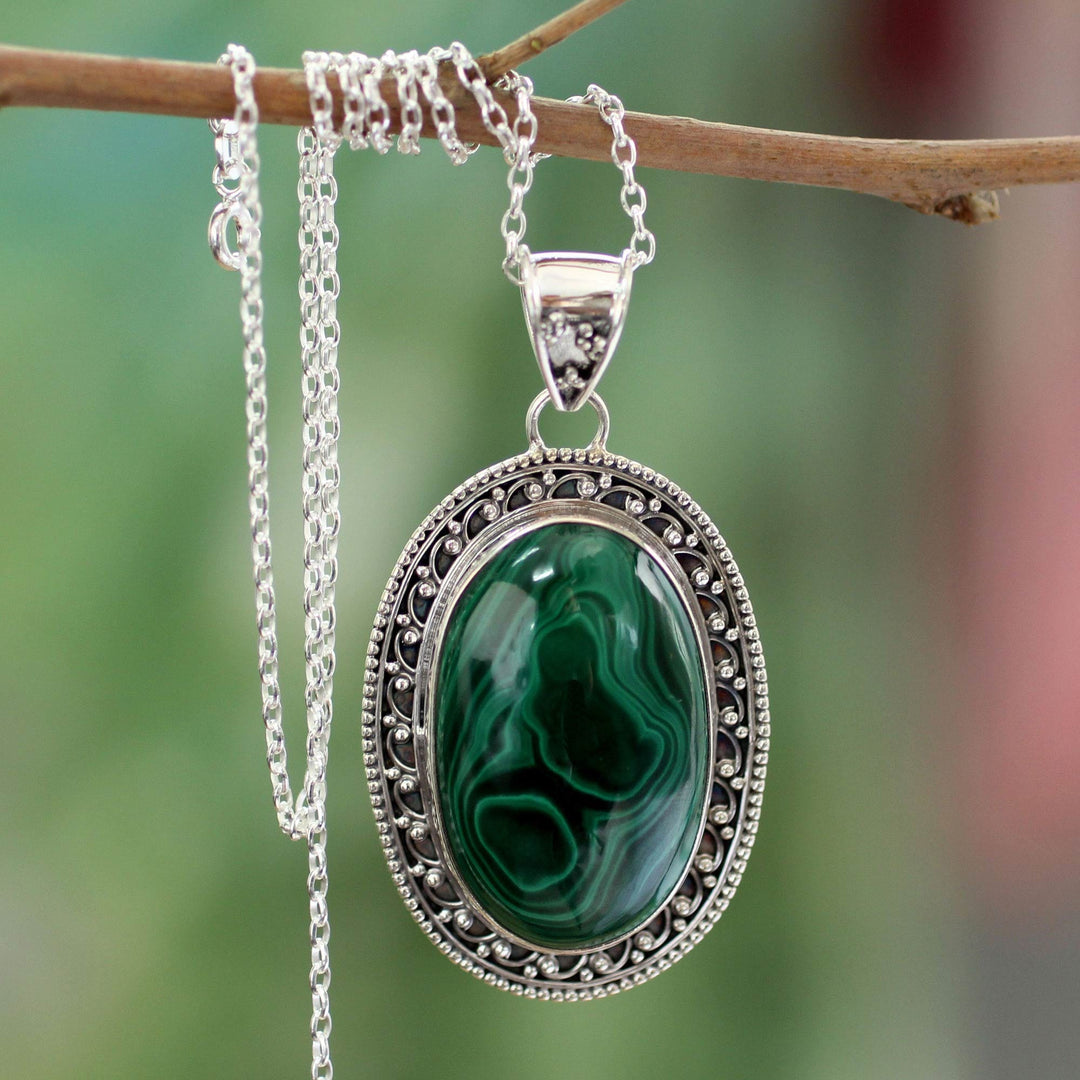 Sterling Silver Necklace Malachite Jewelry from India - Forest Whirlwind