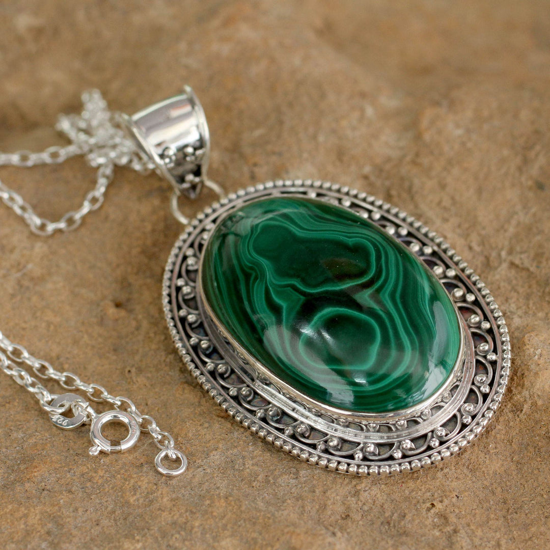 Sterling Silver Necklace Malachite Jewelry from India - Forest Whirlwind