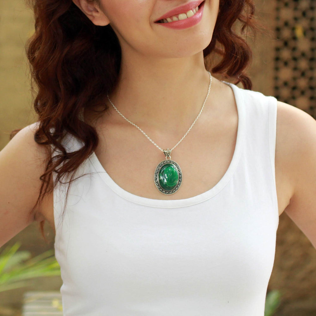 Sterling Silver Necklace Malachite Jewelry from India - Forest Whirlwind