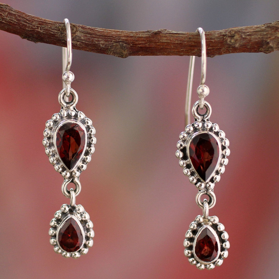 Sterling Silver Garnet Earrings - 'Halo of Beauty'
