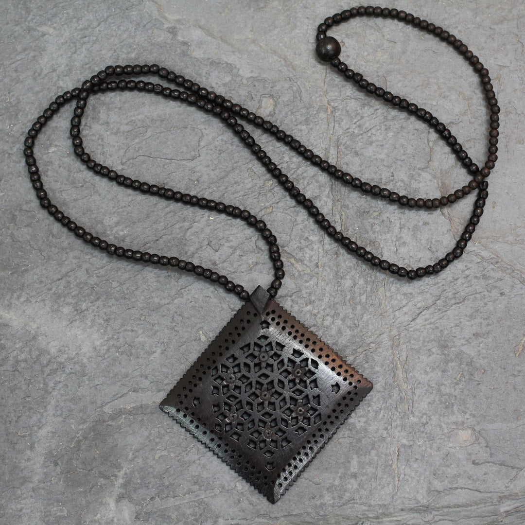 Ebony Wood Necklace Hand Carved Jewelry from India - Mughal Enchantress Diamond