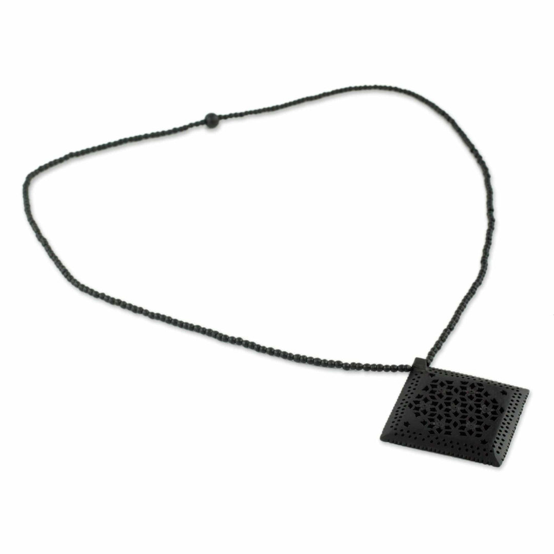 Ebony Wood Necklace Hand Carved Jewelry from India - Mughal Enchantress Diamond