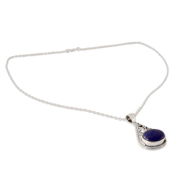 Indian Jali Style Silver Pendant Necklace with Lapis Lazuli - Royal Grandeur
