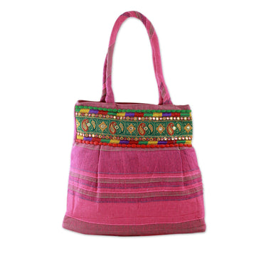 Pink Cotton Shoulder Bag with Multicolor Embroidery - Majestic Pink