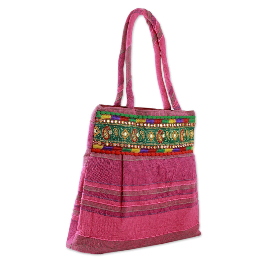 Pink Cotton Shoulder Bag with Multicolor Embroidery - Majestic Pink