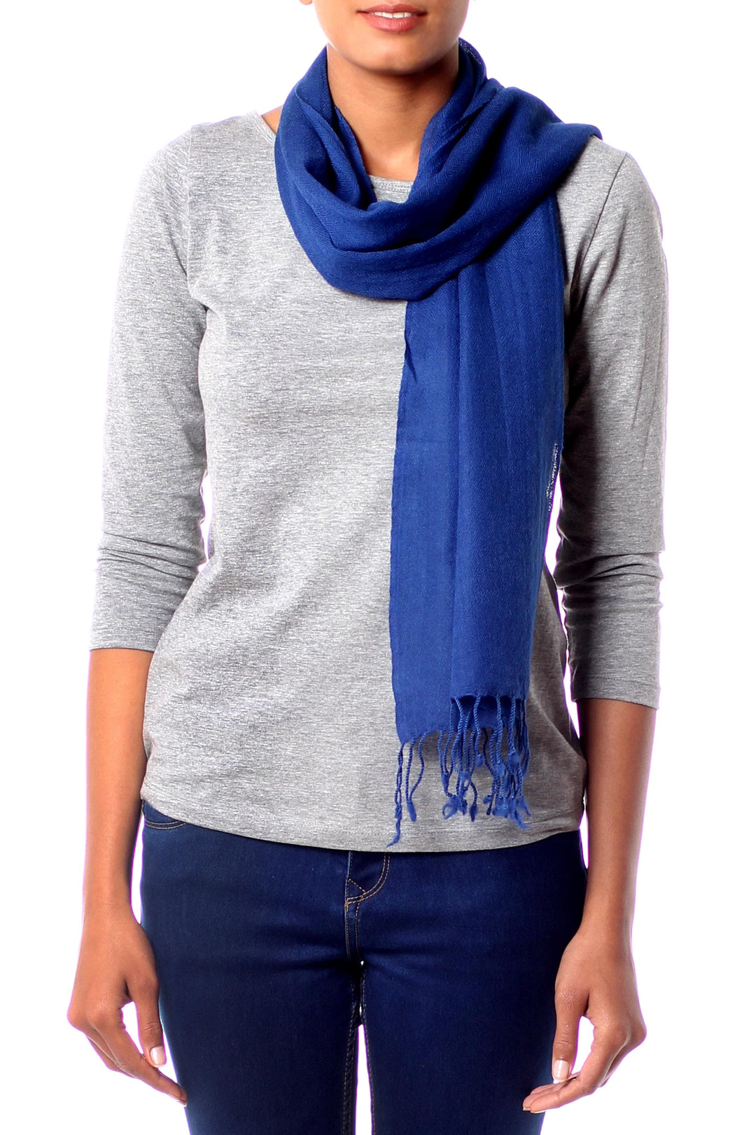 Lapis Blue Diamond Patterned Woven Wool Scarf - Kashmiri Diamonds in Lapis