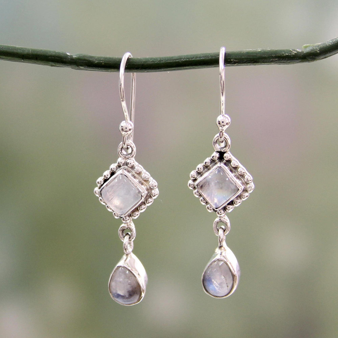 Silver and Rainbow Moonstone Earrings - Queen of Diamonds