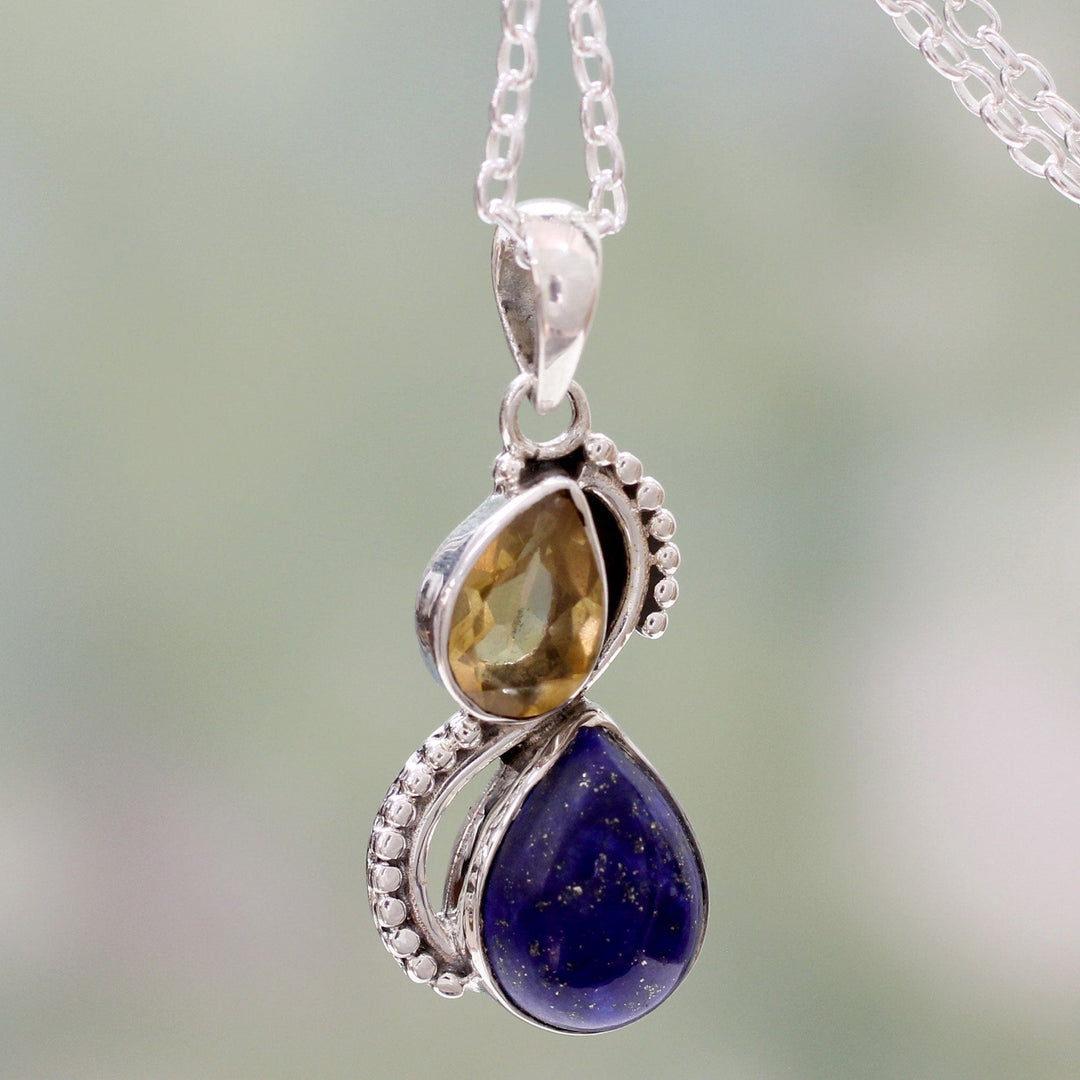 Sterling Silver and Lapis Lazuli Necklace with Faceted Citrine - Two Teardrops