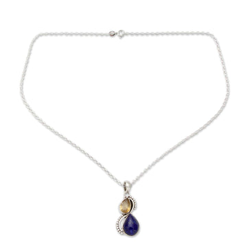 Sterling Silver and Lapis Lazuli Necklace with Faceted Citrine - Two Teardrops