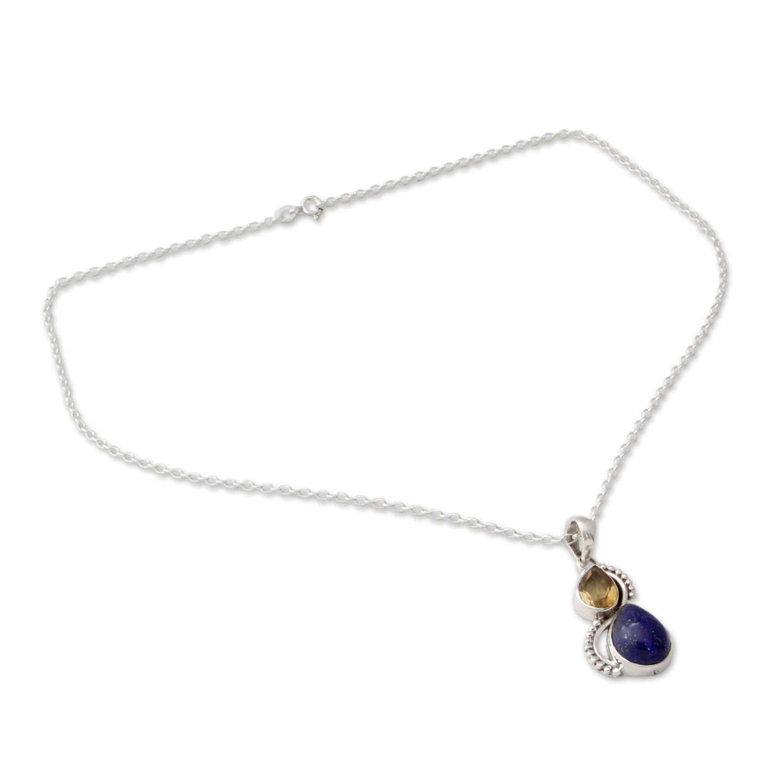 Sterling Silver and Lapis Lazuli Necklace with Faceted Citrine - Two Teardrops