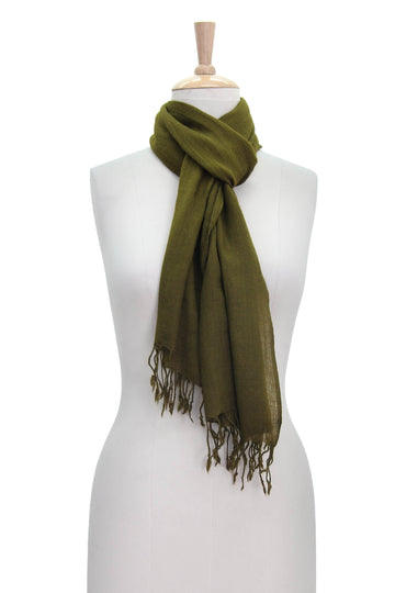 Diamond Pattern Olive Green Wool Scarf with Fringe - Mossy Glade