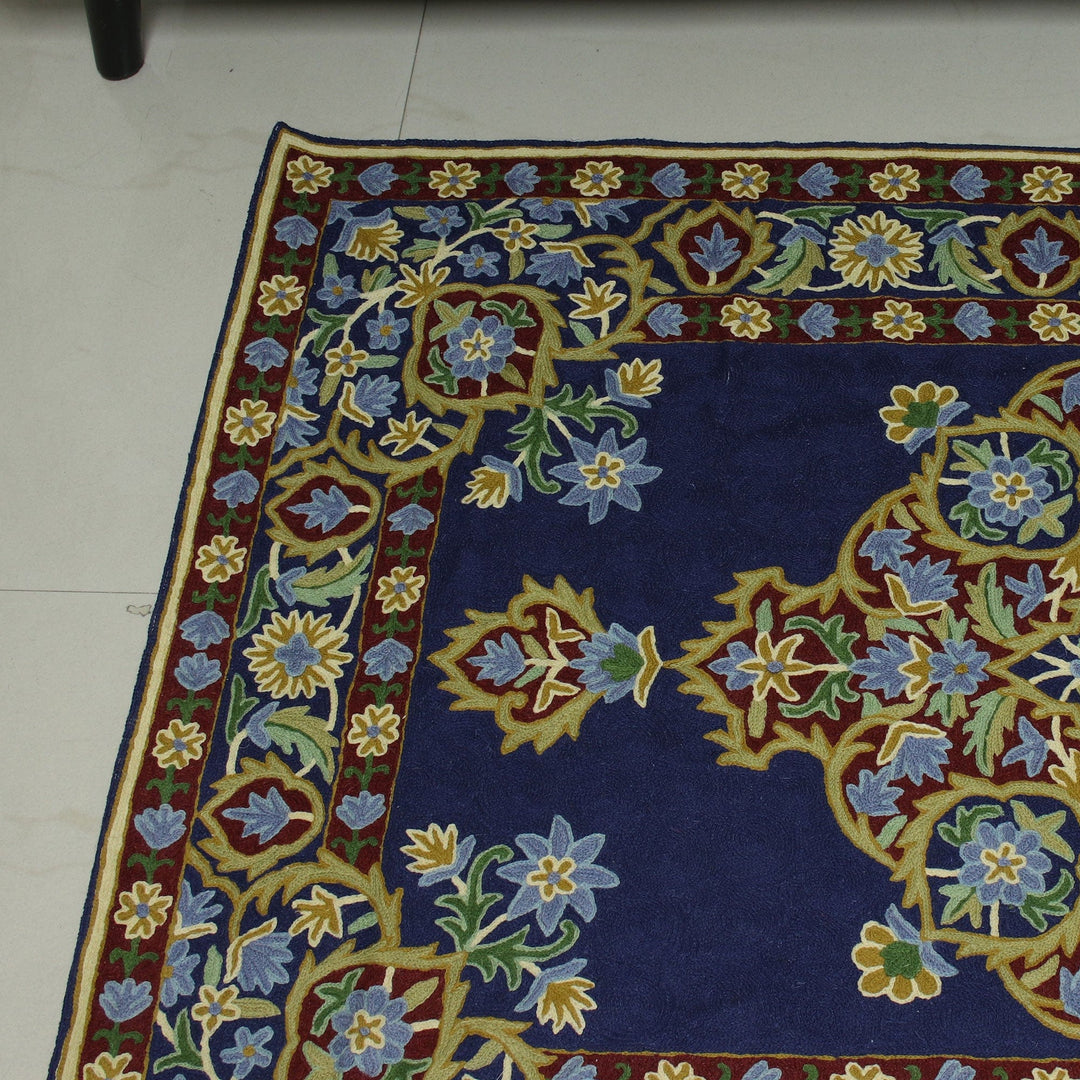 Chain Stitched Indian Rug in Blue, Burgundy and Gold (3x5) - Season of Flowers