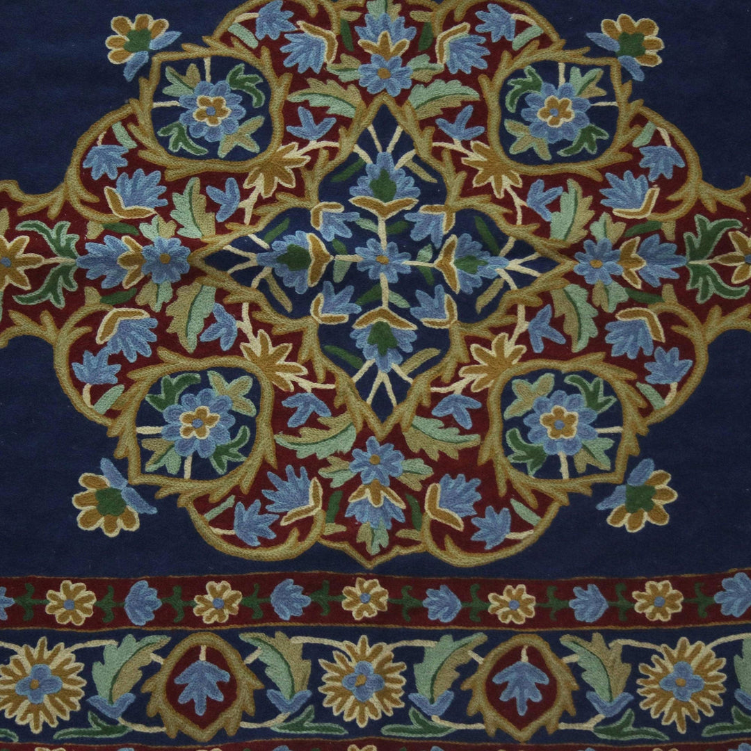 Chain Stitched Indian Rug in Blue, Burgundy and Gold (3x5) - Season of Flowers