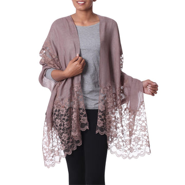 Taupe Wool and Viscose Blend Shawl with Lace Trim - Impeccable Kashmir