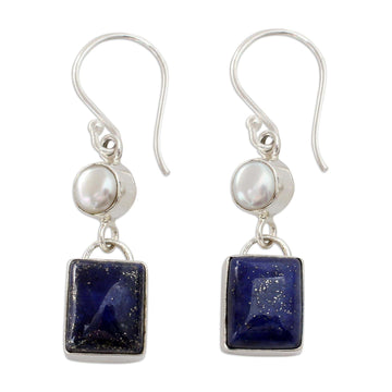 Sterling Silver Dangle Earrings with White Pearls and Lapis Lazuli - Bangalore Glam