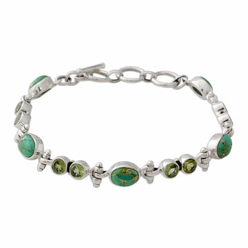 Peridot and Reconstituted Turquoise Silver Link Bracelet - Green Glow