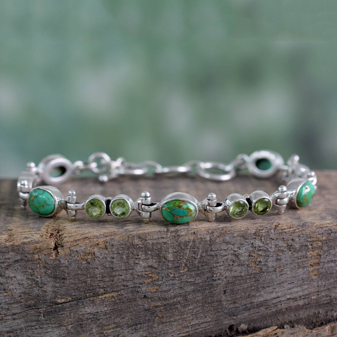 Peridot and Reconstituted Turquoise Silver Link Bracelet - Green Glow