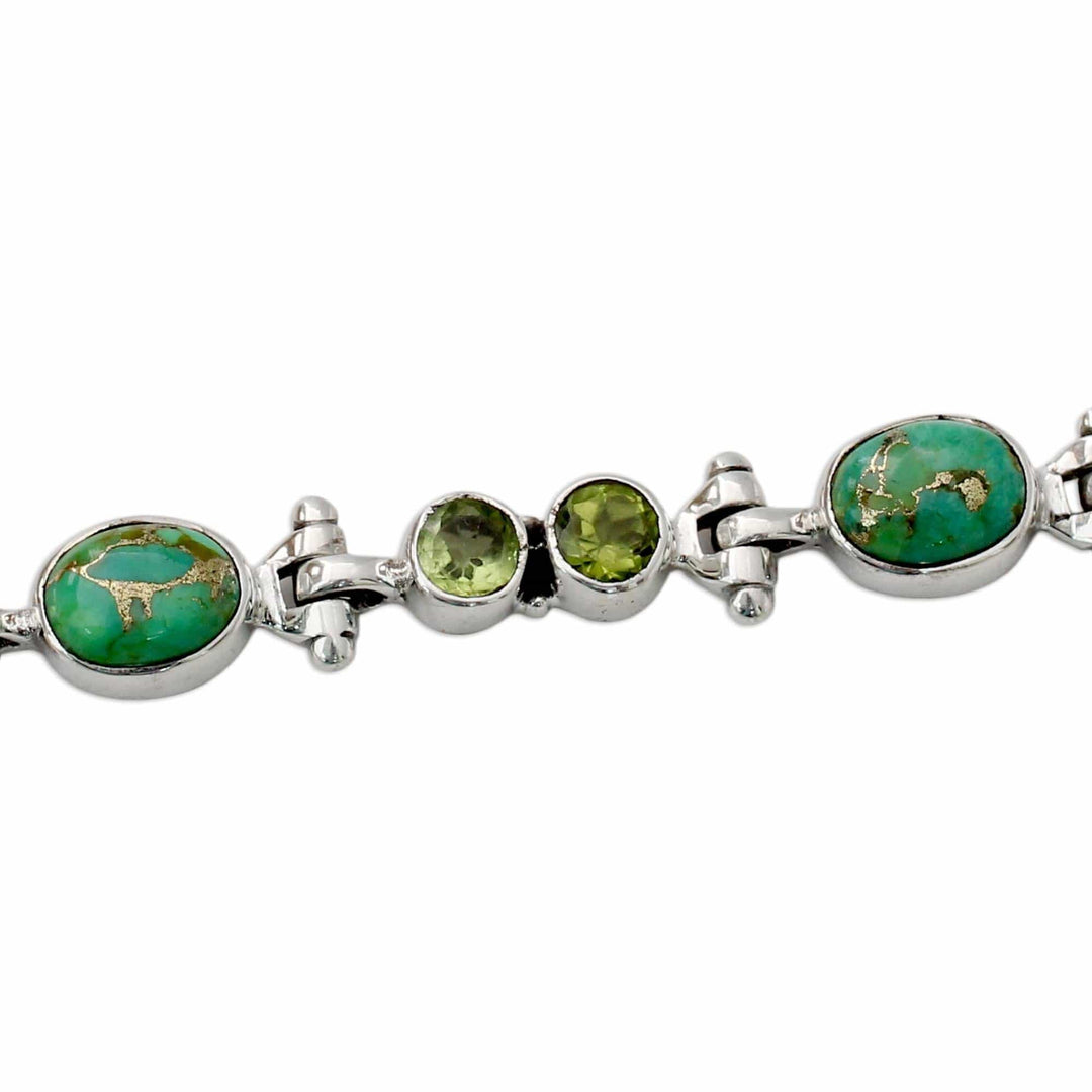 Peridot and Reconstituted Turquoise Silver Link Bracelet - Green Glow