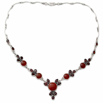 Hand Crafted Carnelian and Garnet Sterling Silver Necklace - Rosy Blossom