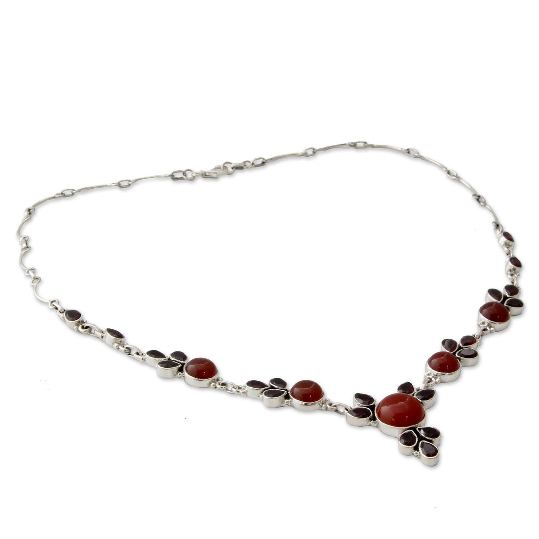 Hand Crafted Carnelian and Garnet Sterling Silver Necklace - Rosy Blossom