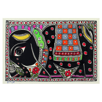 Indian Madhubani Painting of Elephant on Handmade Paper - Royal Mount