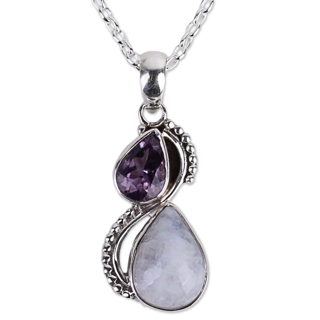 Silver and Rainbow Moonstone Necklace with Faceted Amethyst - Two Teardrops