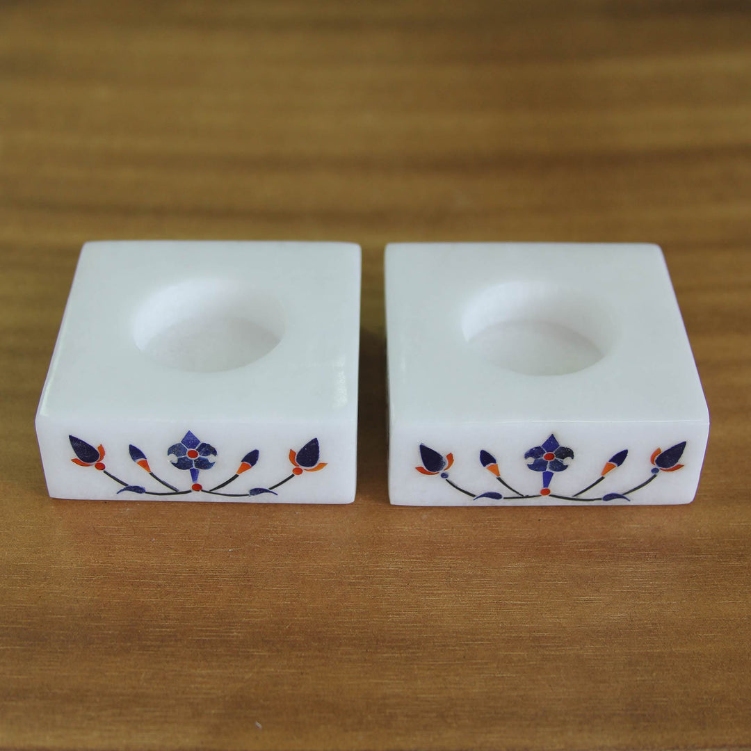 Square Marble Tealight Holder with Blue Blooming Buds (Pair) - Blooming Buds in Blue