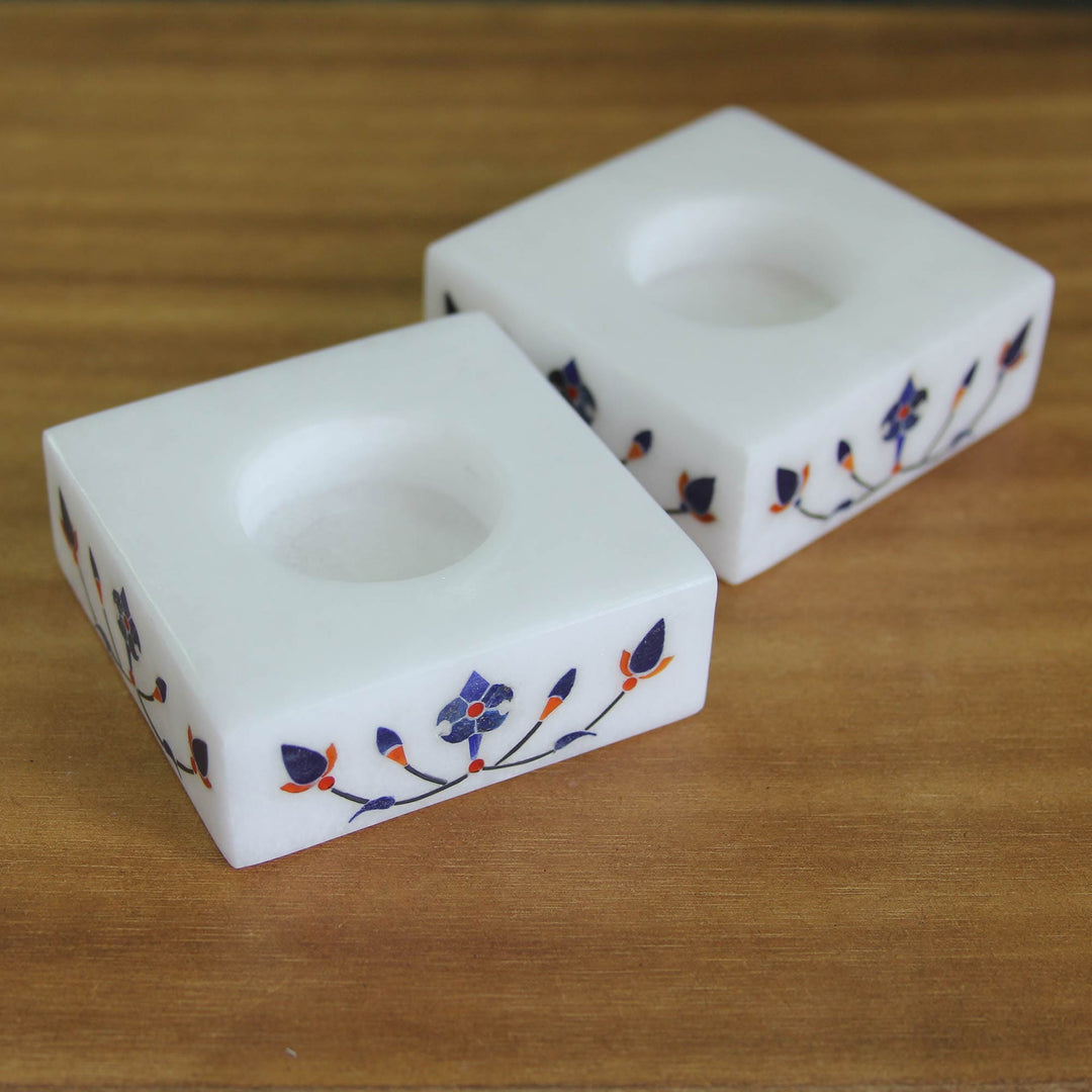 Square Marble Tealight Holder with Blue Blooming Buds (Pair) - Blooming Buds in Blue