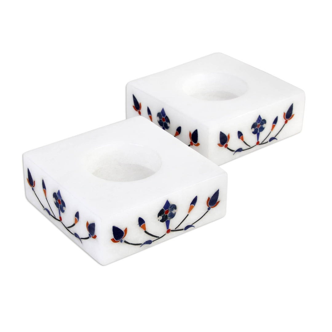 Square Marble Tealight Holder with Blue Blooming Buds (Pair) - Blooming Buds in Blue