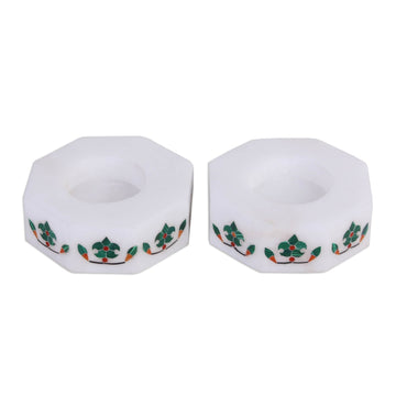 Octagon Marble Tealight Holder with Green Buds (Pair) - Floral Alliance in Green